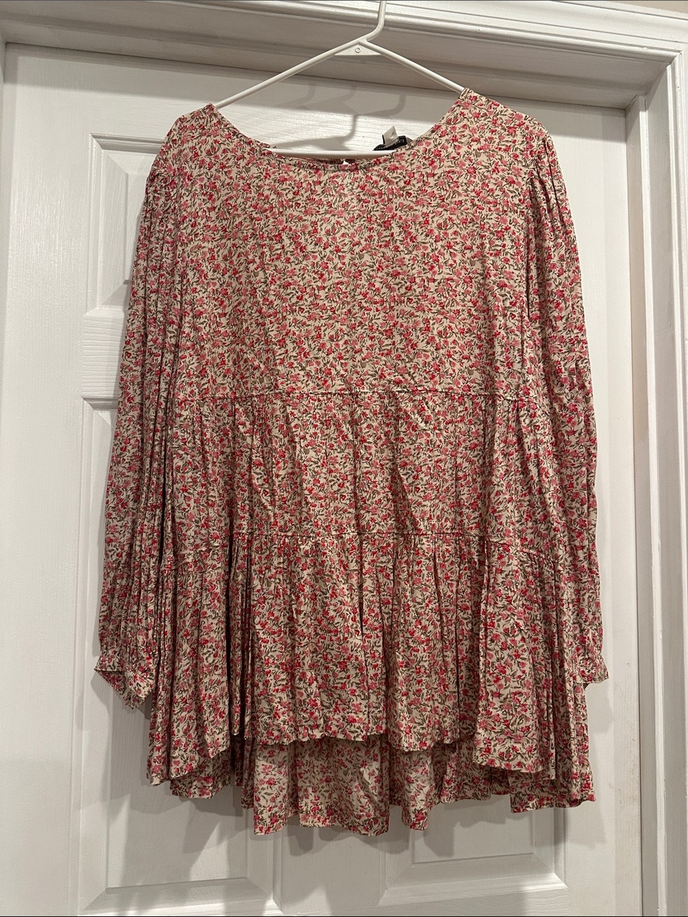 Floral Long Sleeve Babydoll Top - Pink & Cream